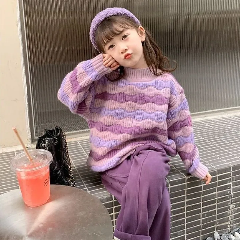 

2025 New Girls' Autumn Winter Thickened Striped Knit Sweater Baby Toddler Stylish Top