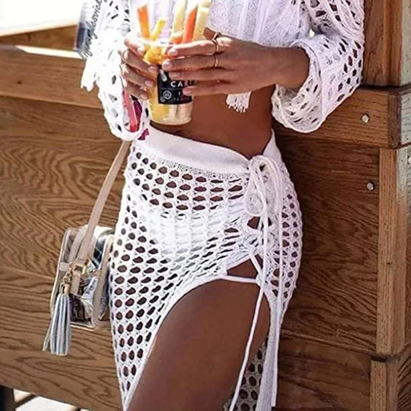 Frauen Sexy Bikini Cover Up Sheer Aushöhlen Strand Kleid Maxi Stricken Rock Split Quasten Häkeln Cover Up Röcke beachwear Sommer