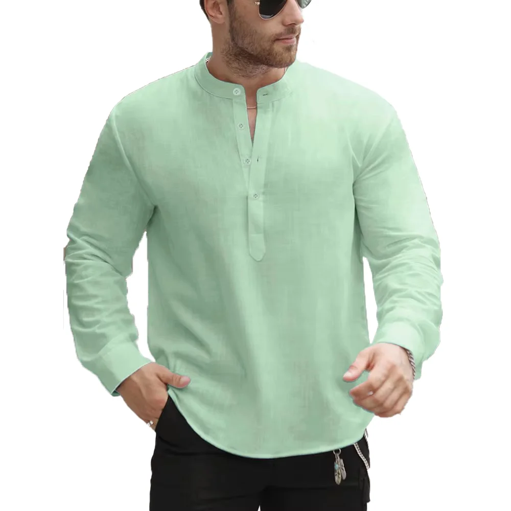 الرجال الربيع الصيف مائة الألوان الصلبة عادية بسيطة رجالي بلايز تنفس القطن الكتان الرجال زر أسفل القمم
