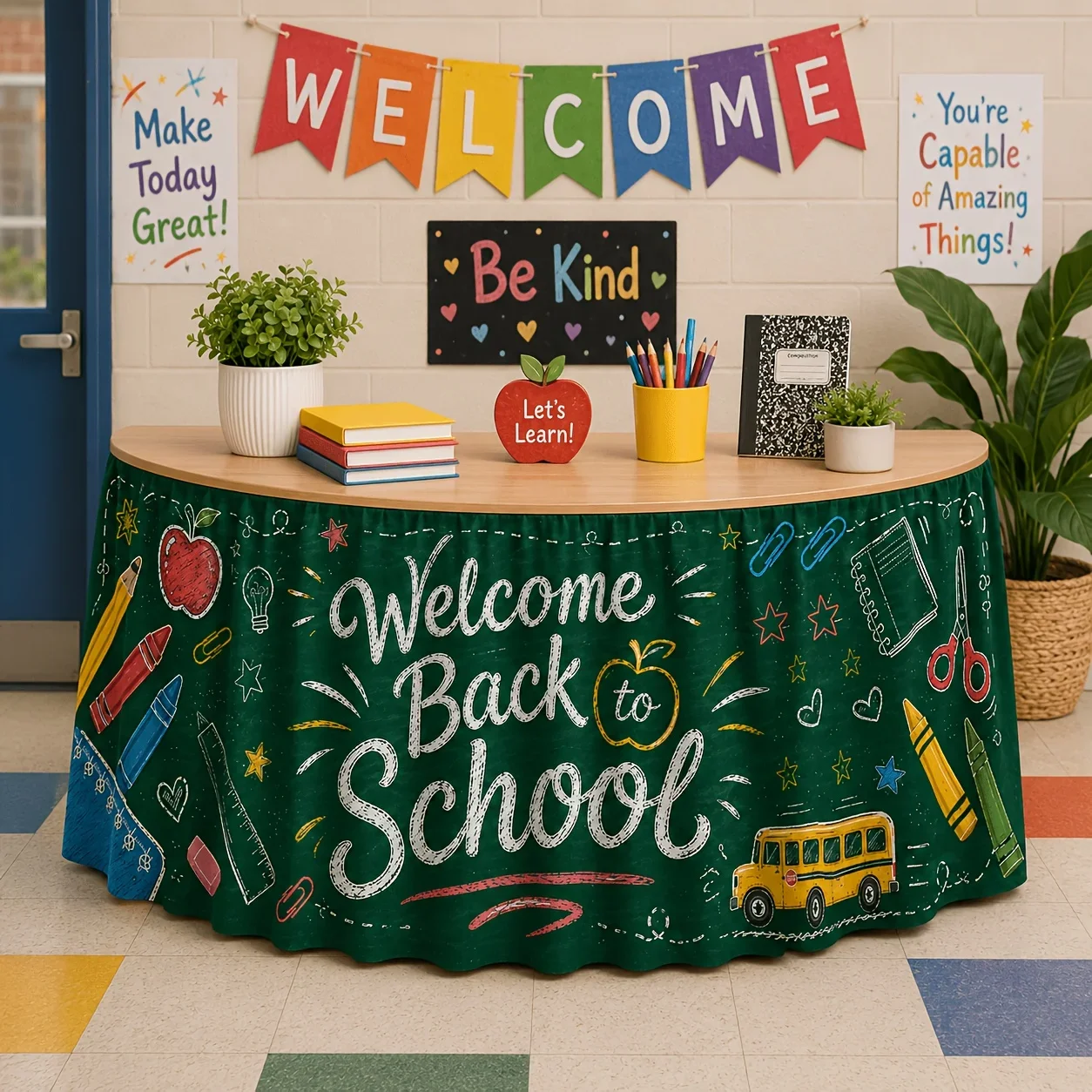 Welcome back to school! Blackboard table skirts, school bus apple crayons, pencils, rulers, notebooksxzj