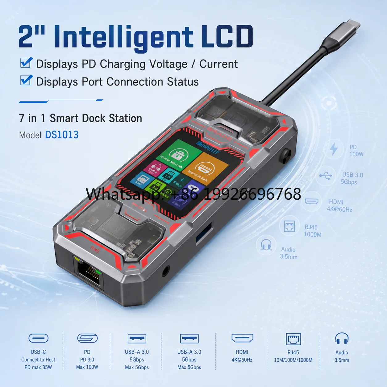 DS1013 7-in-1 USB-C Docking Station with LCD Screen, 4K HDMI, Gigabit Ethernet, 100W PD, 5Gbps USB 3.0 Hub for Laptop