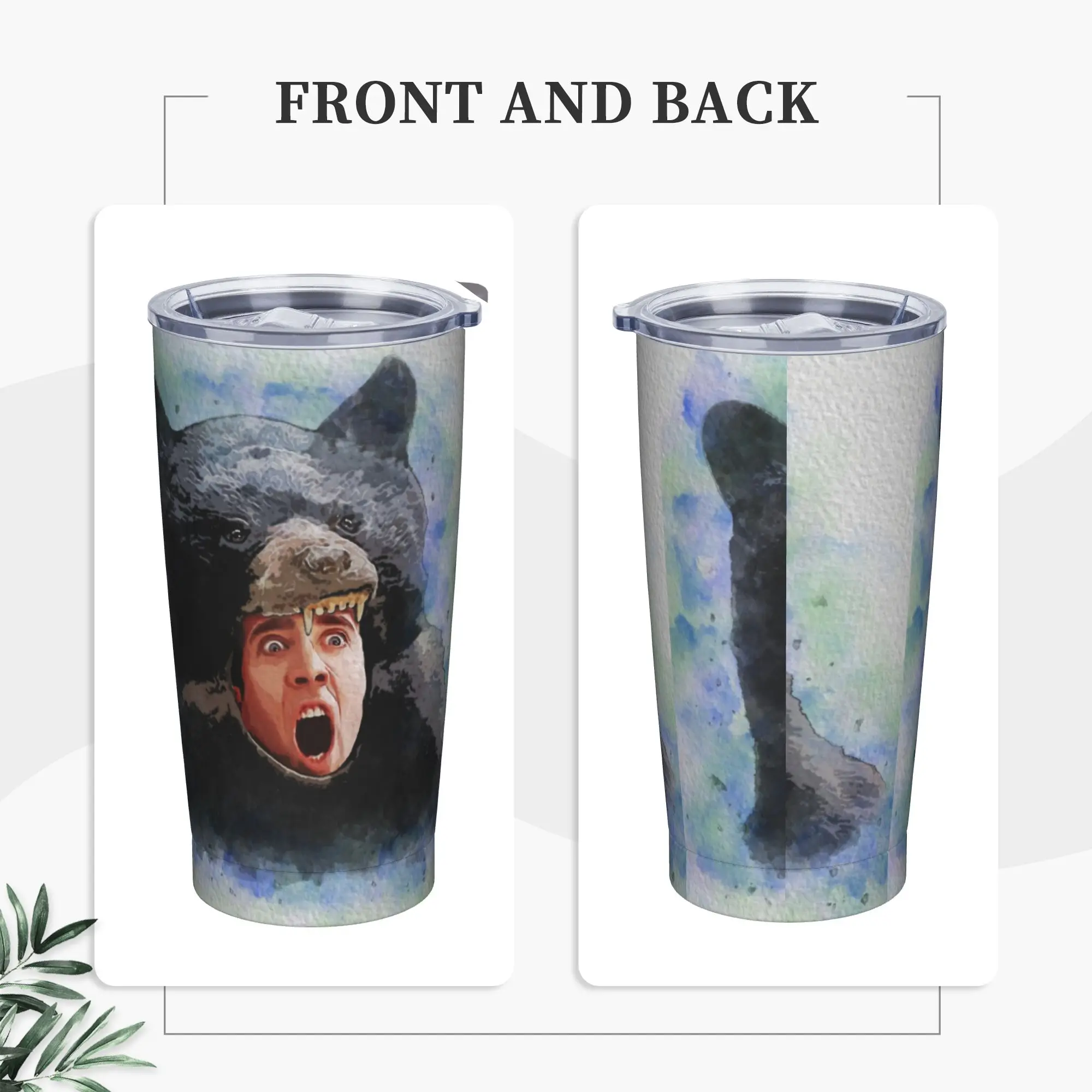 Cage Bear Watercolor Tumbler Vacuum Insulated Nicolas Meme Funny Face Printed Coffee Cups Stainless Steel Mug Spill Proof, 20oz