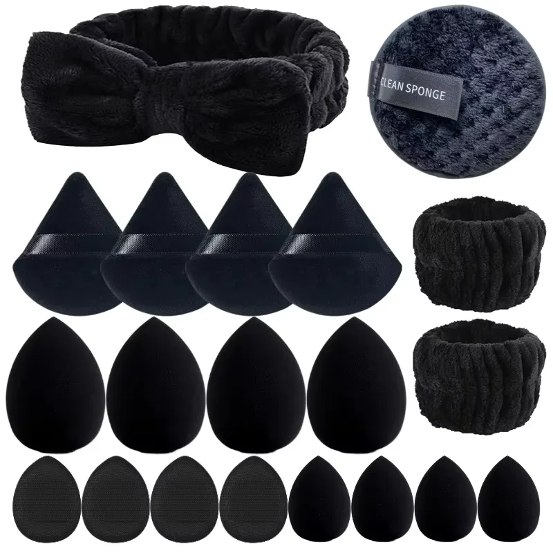 20pcs Black Makeup Tools Kit Makeup Sponge Finger Puff Air Cushion Headband Wristband Makeup Remover Puff Holiday Gift