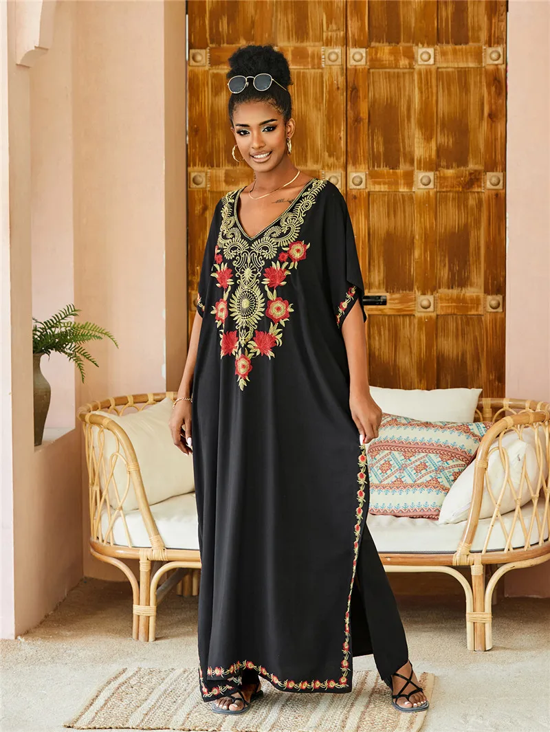 Women Plus Size Kaftan Dresses Loungewear Beach Embroidered Caftan Maxi Dress Floral Print Swimsuit Cover up Sundress