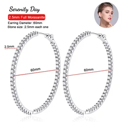 Serenity 2.5mm D Color Moissanite Earrings For Women Gift 100% S925 Sterling Silver Sparkling Diamond 60mm Hoop Earrings Jewelry