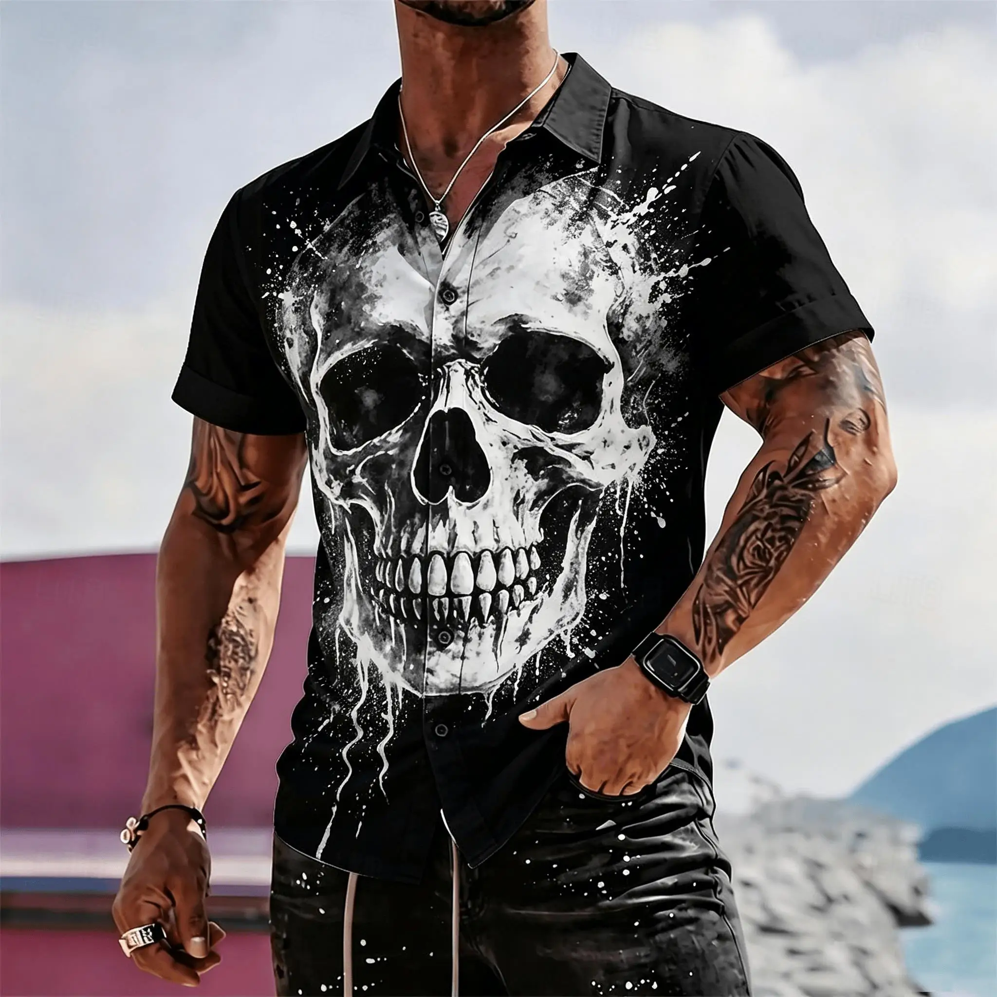 Men's Black Gothic Skull Print Short Sleeve Shirt, Horror Splatter Art Casual Button Down for Spring & Summer