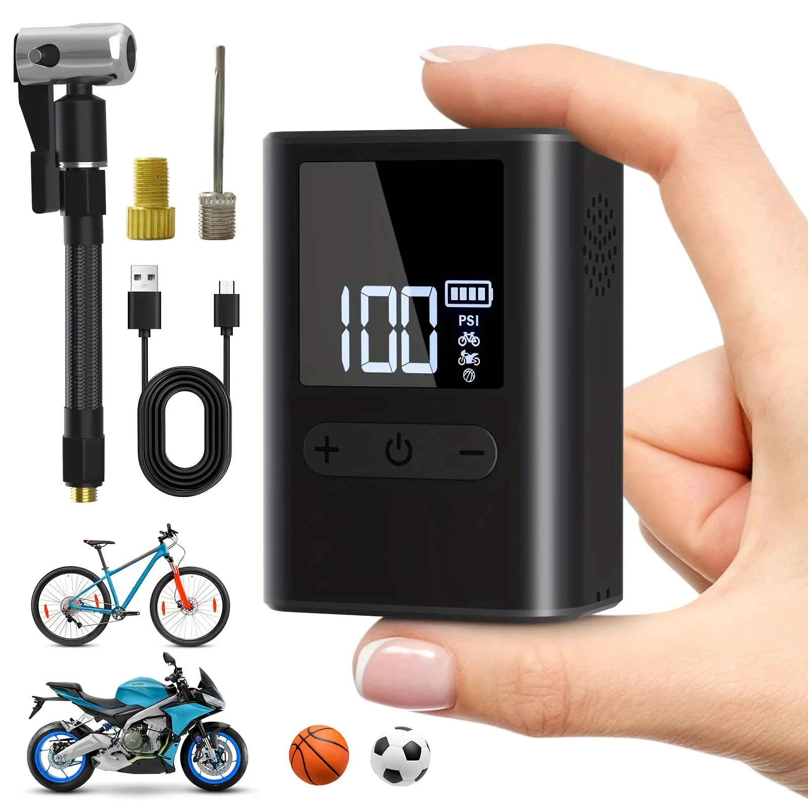 

Portable USB Rechargeable Electric Bike Pump, 100PSI Mini Air Compressor With Digital Pressure Display, Auto Tire Inflator