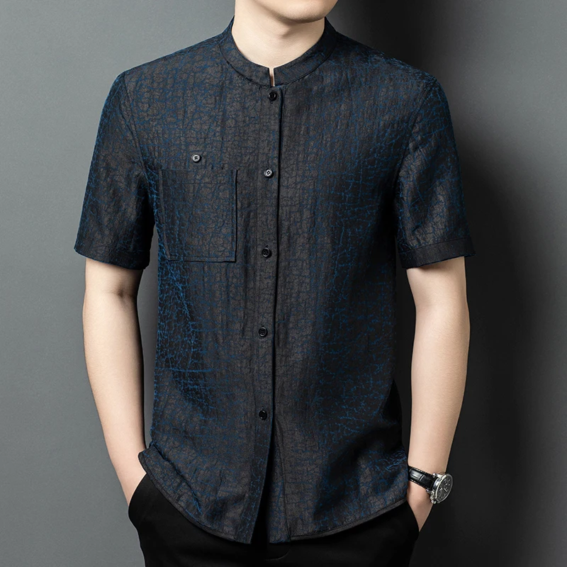 Double Sided Wear 100% Silk Shirts For Men Short Sleeve Luxurious Summer Coolness Anti-Wrinkle Quality Fashion Camisas De Hombre