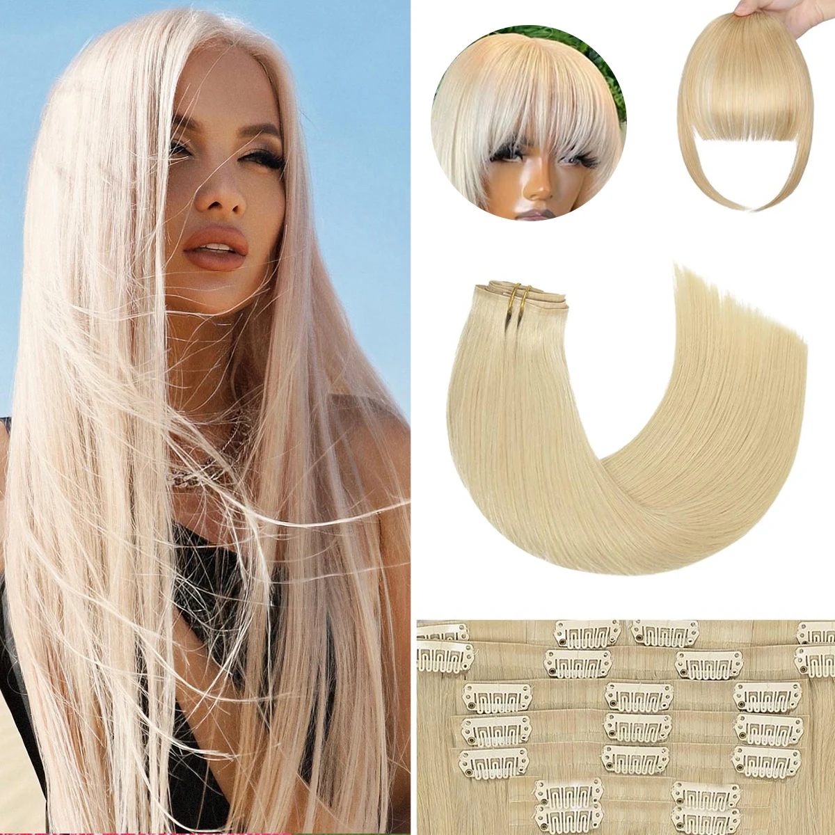 140g/10pcsCabeza completa Invisible Color rubio Natural Clip sin costuras en extensiones de cabello humano extensiones de cabello humano Natural liso