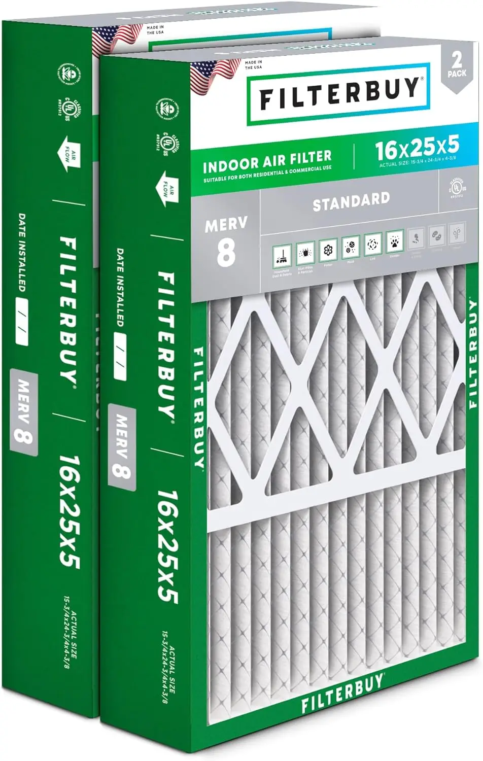 Filterbuy 16x25x5 Air Filter MERV 8 Dust Defense (2-Pack), Pleated HVAC AC Furnace Air Filters for Honeywell FC100A1029, Lennox