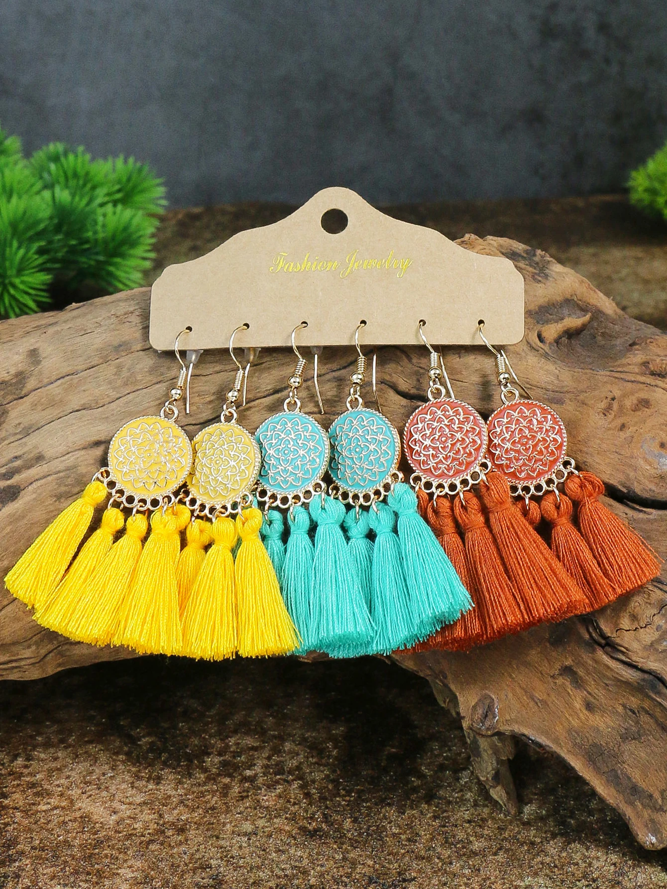 Bohemian Round Colored Glaze Alloy Earring Set Retro Ethnic Style Long Tassel Earrings Women\'s Girls\' Personalized Jewelry