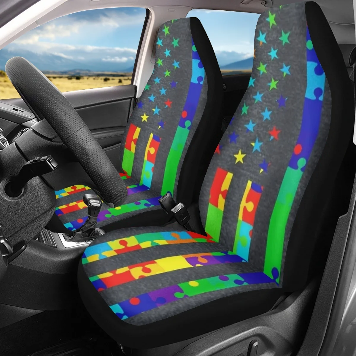 Autism Awareness Colorful Car Front Seats Only Heavy-Duty Universal Fit Sedan Seat Cushions Easy to Install Woman Seat Covers