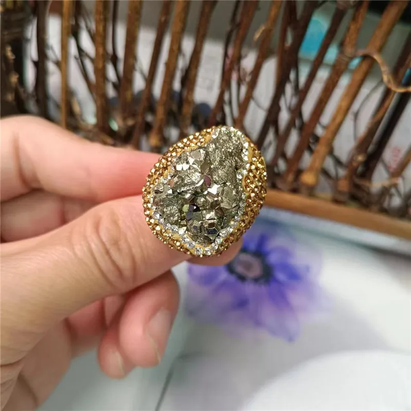 European and American fashion pyrite raw stone women's ring personality elegant simple lady banquet party exquisite jewelry