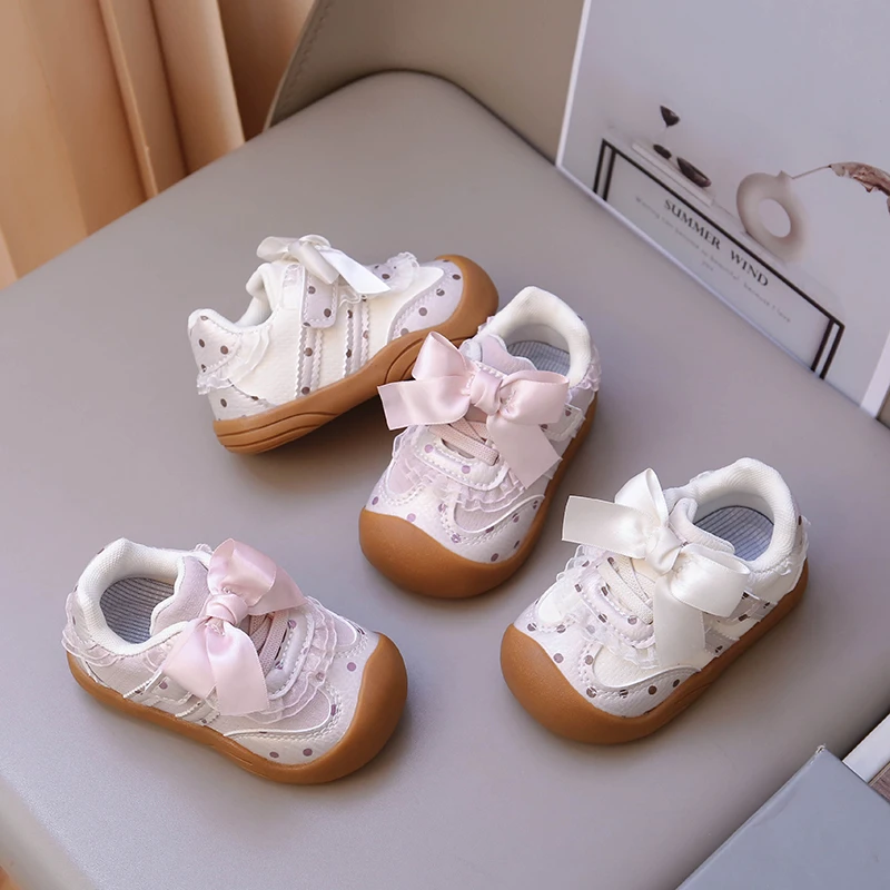 Baby Girls Shoes Soft Toddler Sneakers Bowknot Princess Footwear Infant First Walkers Non Slip Crib Shoes All Season Kids Shoes