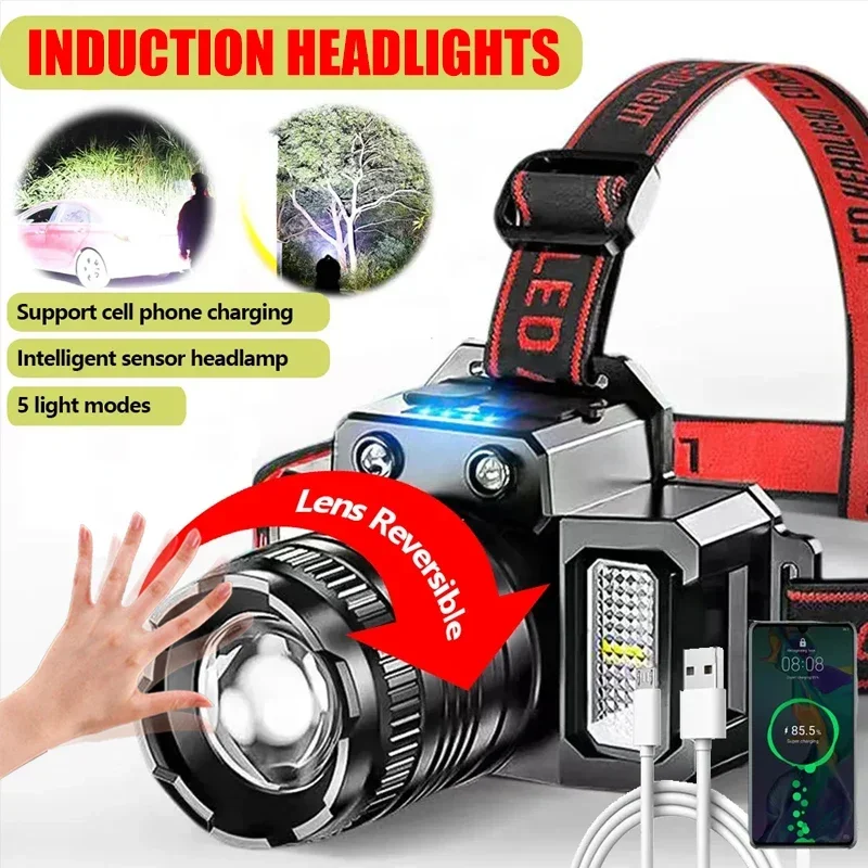 KDULIT Powerful LED Induction Headlamp Rotating Zoom USB Rechargeable Head Flashlight Outdoor Camping Fishing Headlight
