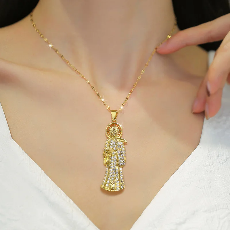 Hip Hop Zircon Crystal Grim Reaper Holy Death God Skull Sickle Men Necklace Stainless Steel Necklaces Jewelry Gift Santa Muerte