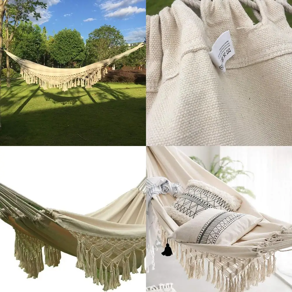 

Cotton Woven Hammock Chair with Fringe, Natural White, for Outdoor Patio or Indoor Bohemian Style
