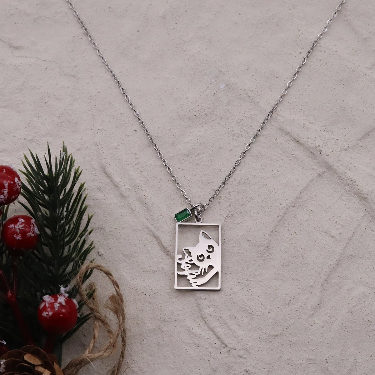 Personalized Letter Rectangle Frame Cat Pendant Necklace Stainless Steel Custom Name Cute Animal Necklaces Charm Accessory