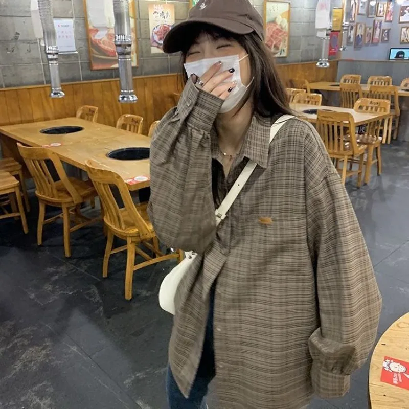 QWEEK Vintage Casual Oversized Women Shirt Plaid Korean Style Basic Cozy Blouse Preppy Long Sleeve Clothing Harajuku 2024 Autumn