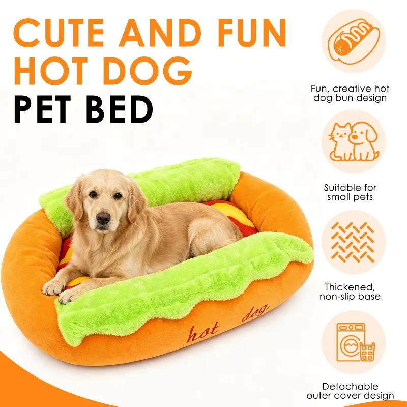 Factory Direct Compatible WithDog Bed Cute Hot Dog Bread Design Pet Bed with Detachable Washable Outer Cover Anti Slip Soft Comf