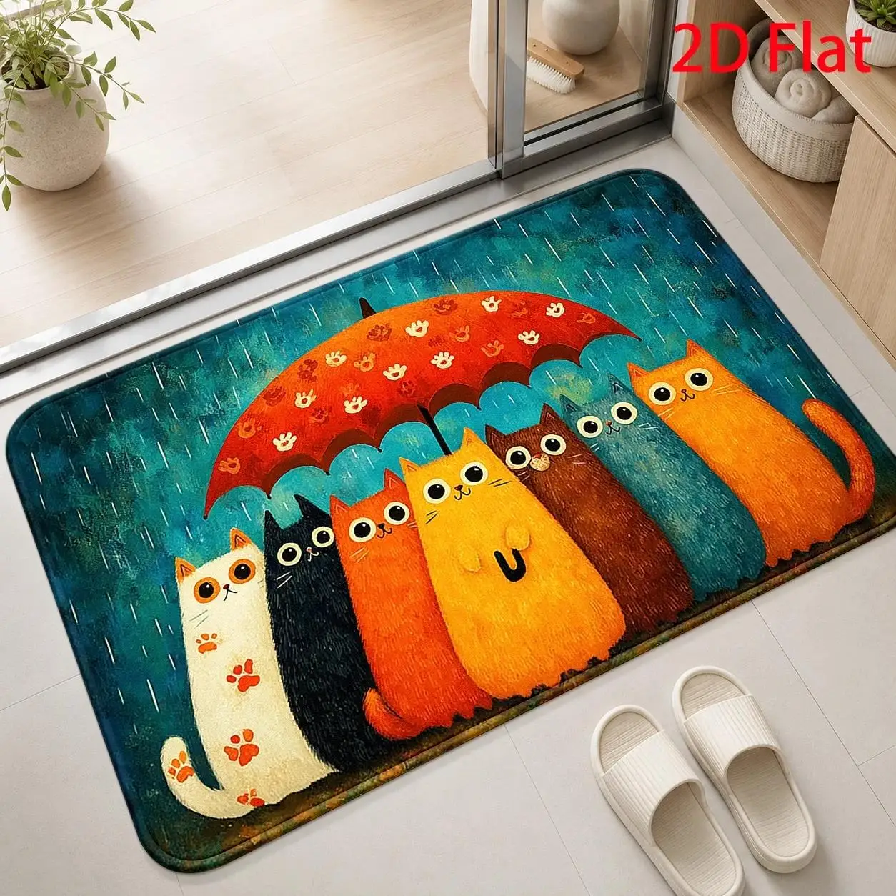 Rainbow Cats Umbrella Whimsical Warm Family doormat for Kids Room Colorful Print rug Floor Mat Child Friendly