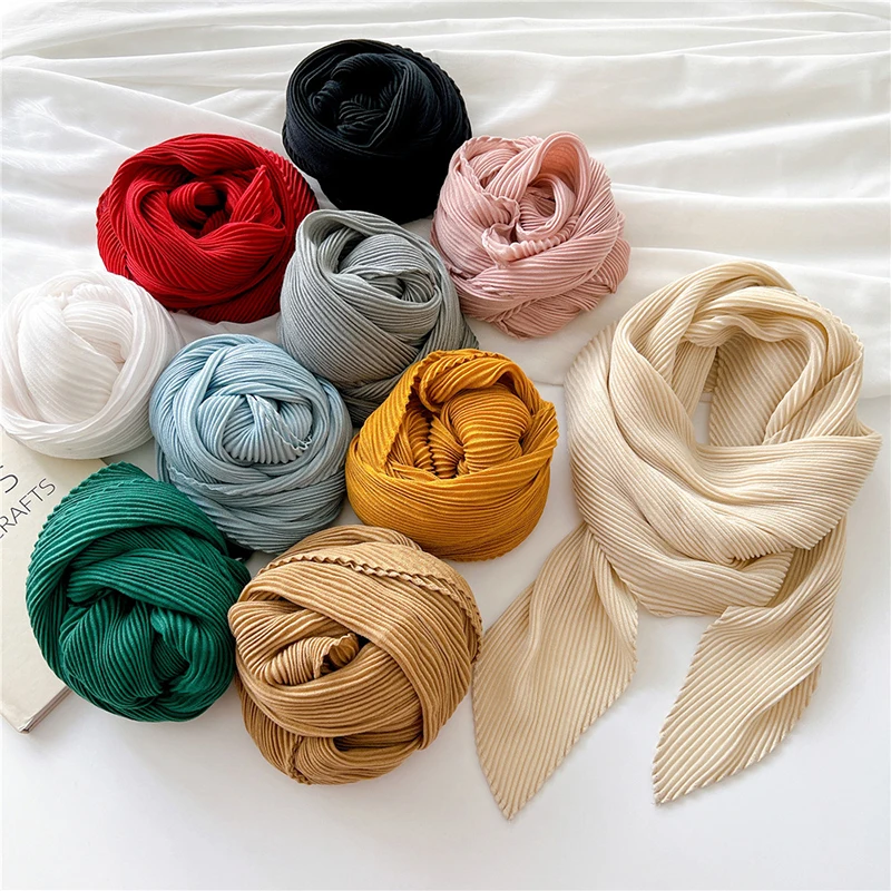 90cm Size Scarf Pleated Crinkle Women\'s Hijab Wrinkle Shawl Scarves Women Satin Scarf Neckerchief Square Skinny Hair Tie Band