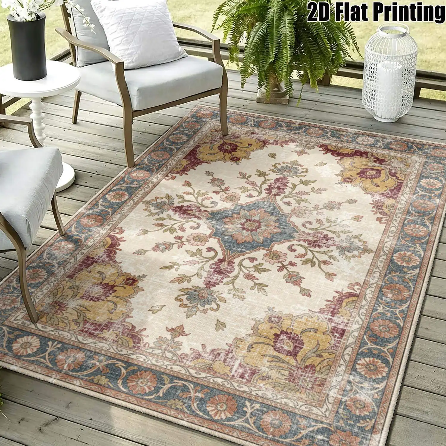 1Pc 2D Printed Carpet: Beige & White Retro Floral Pattern, European Style with Geometric & Bohemian Motifs Ideal Home Decor, Multi-Size, Machine Washable, for Entryway, Dining Room, Foyer, Bedroom, Living Room.