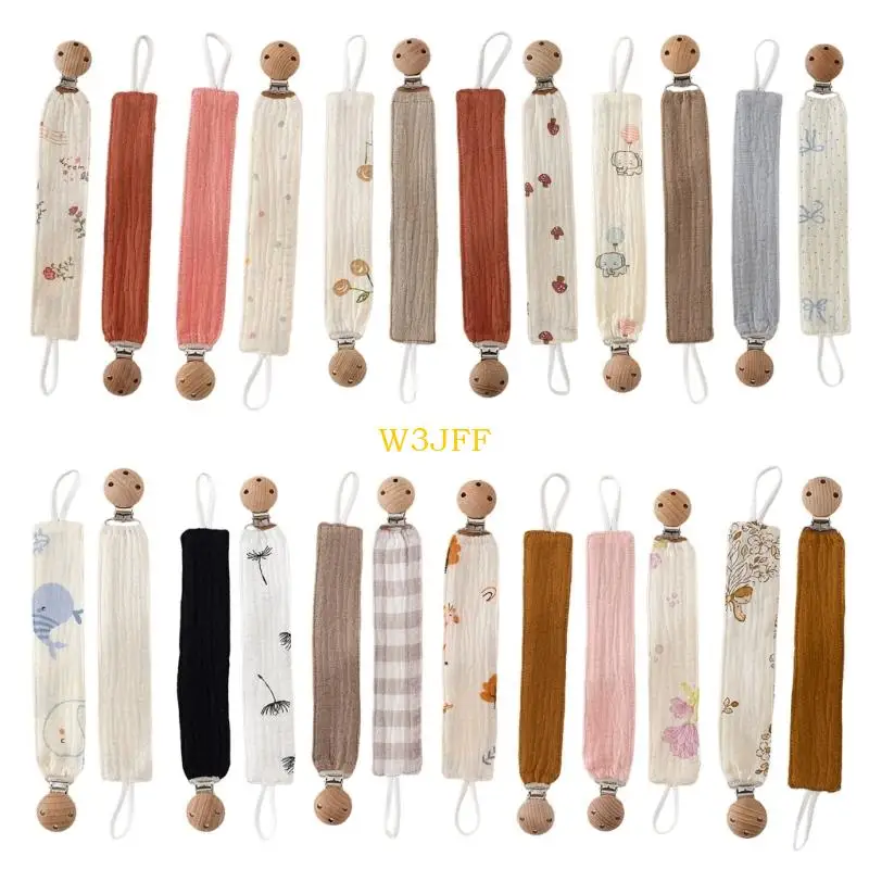 

W3JF Washable Cotton Pacifier Lanyard Multi Functional Designs with Wooden Clasp Patterned Tether for Newborn Security