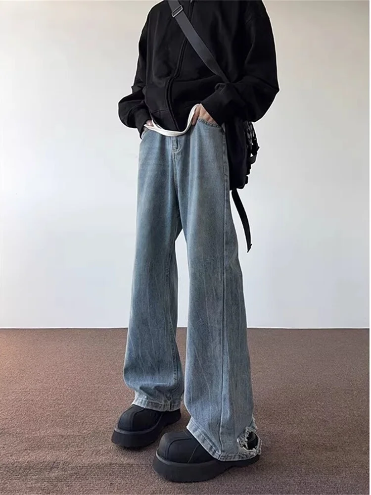 

Men's Extended Length Straight Leg Jeans Worn-In Distred Low Waist Zipper Fly Classic American Sle Teen Trendy Long Pants