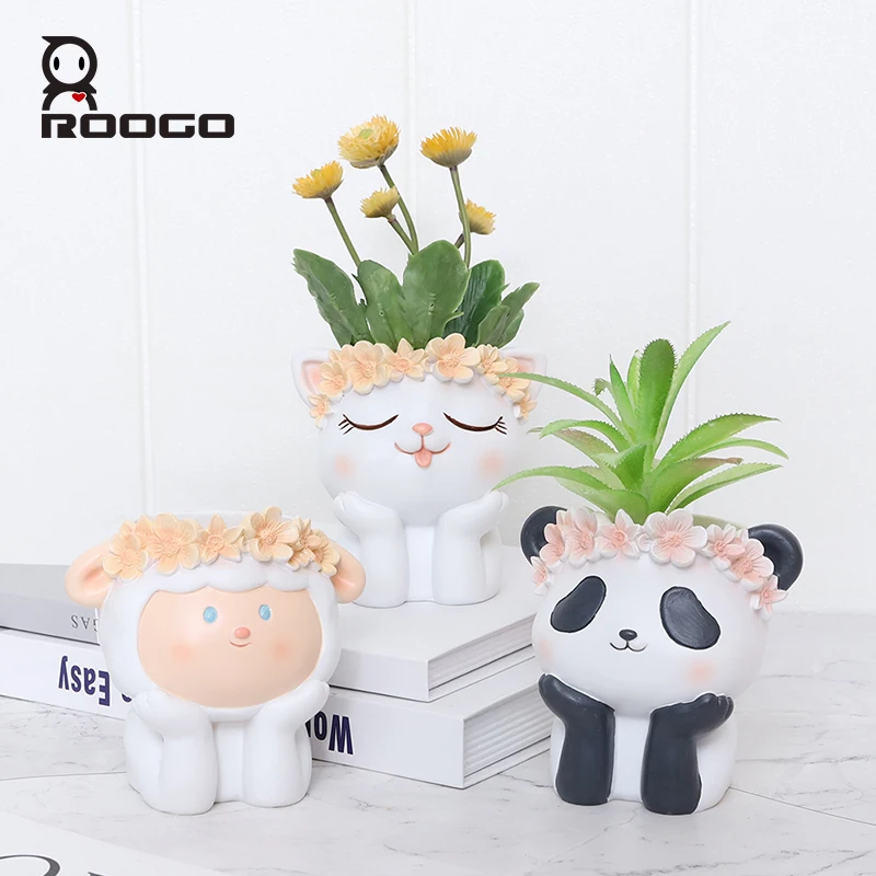 ROOGO Resin Figurine Cartoon Animals Design Succulent Pots With Drainage Flower Pot for  Cute Cactus Rabbit Planter Vase