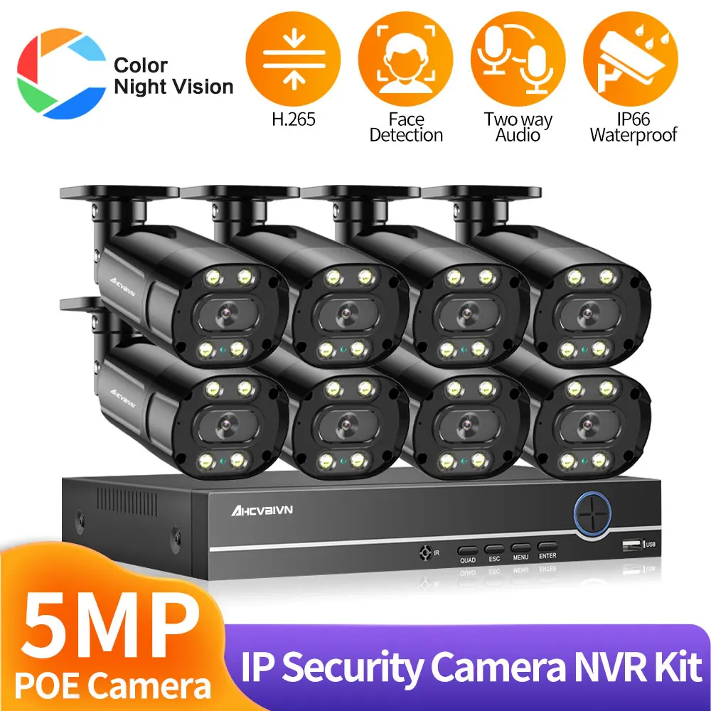 

8CH 5MP POE NVR Kit Full Color Night Vision 5.0MP Two Way Audio Indoor Outdoor CCTV Bullet POE IP Camera Video Surveillance Set