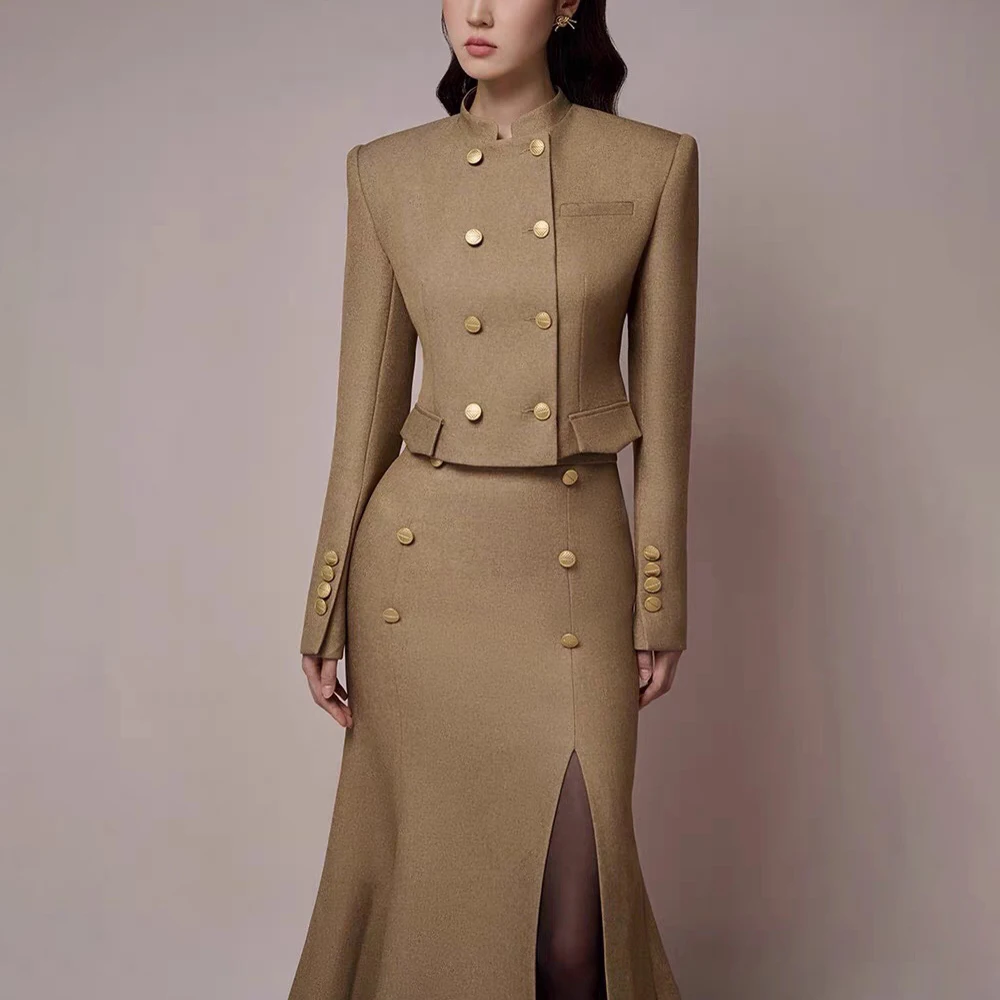 TWOTWINSTYLE Elegant Two Piece Set For Women Stand Collar Long Sleeve Coat High Waist Split Mermaid Skirt Solid Sets Female New