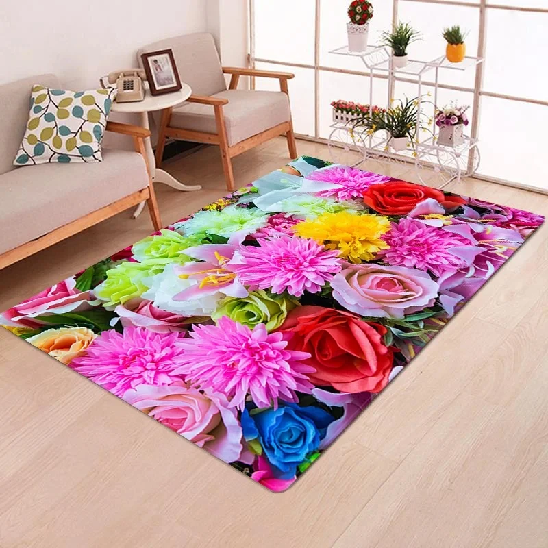 Multicolor Rose Flower Rug Living Room Carpet Home Hallway Balcony Anti-Slip Door Mat Kitchen Bathroom Rug Bedroom Floor Mat