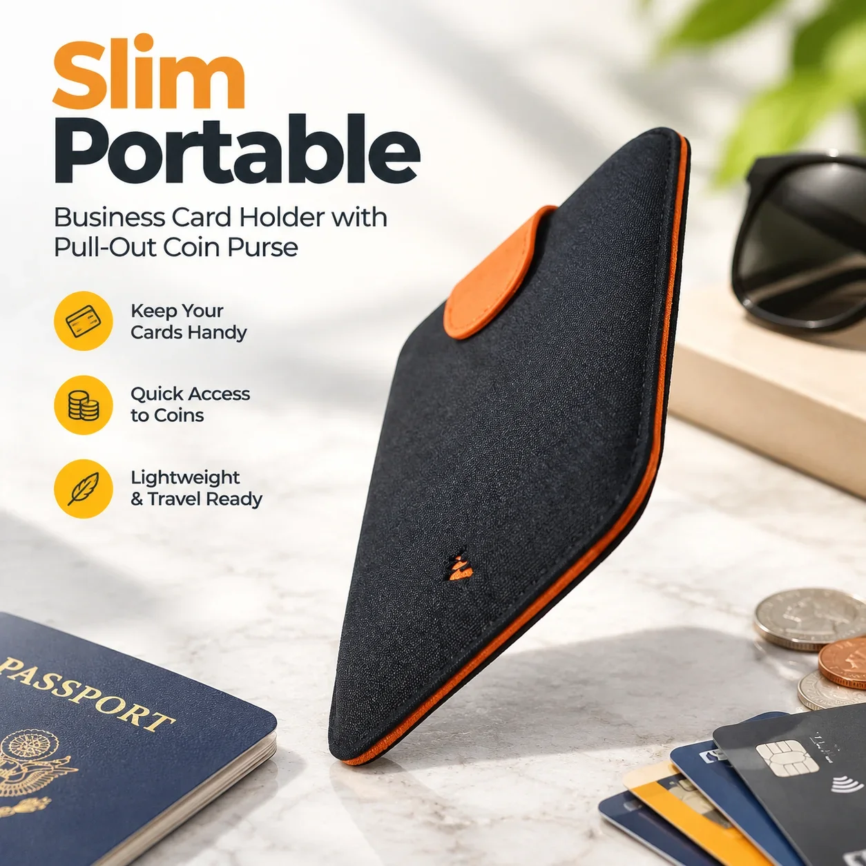 Slim Portable Business Card Holder with Pull-Out Coin Purse, Lightweight Travel Wallet, Durable Exterior Card Case