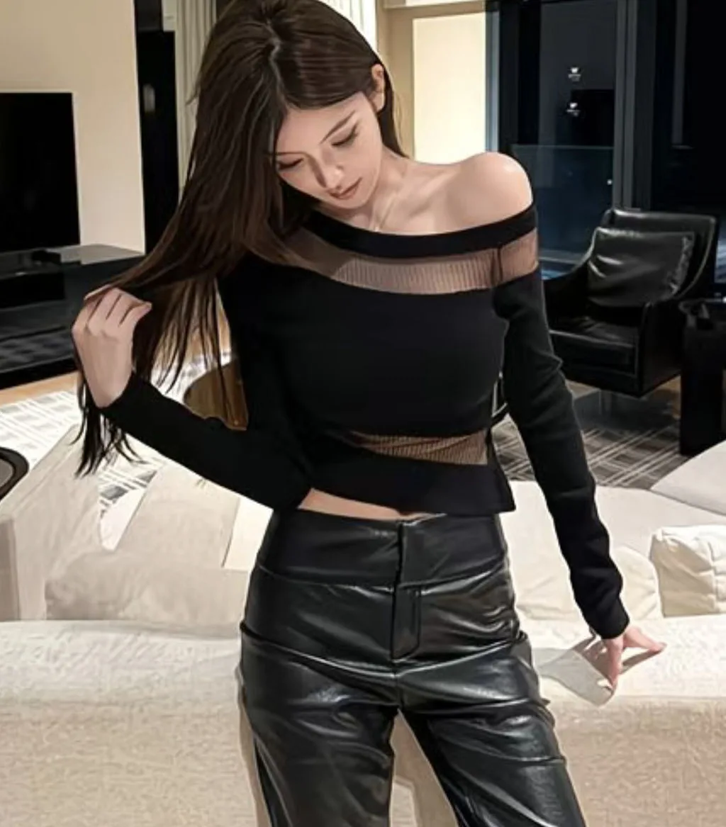 Elegant Black Sheer Mesh Cutout One Shoulder Long Sleeve Top, Sexy Slim Fit Knit Cropped Blouse for Women, Streetwear Fashion