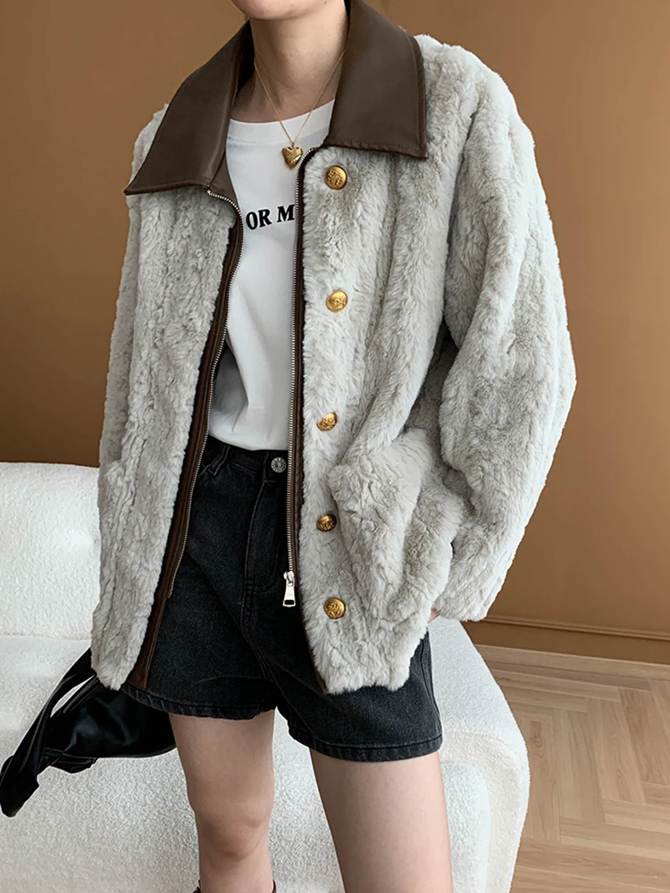 [LANMREM] Spliced Contrast Color Faux Fur Coat For Women Lapel Zipper Long Sleeve Fashion Tops 2024 Autumn New Jackets 26C116