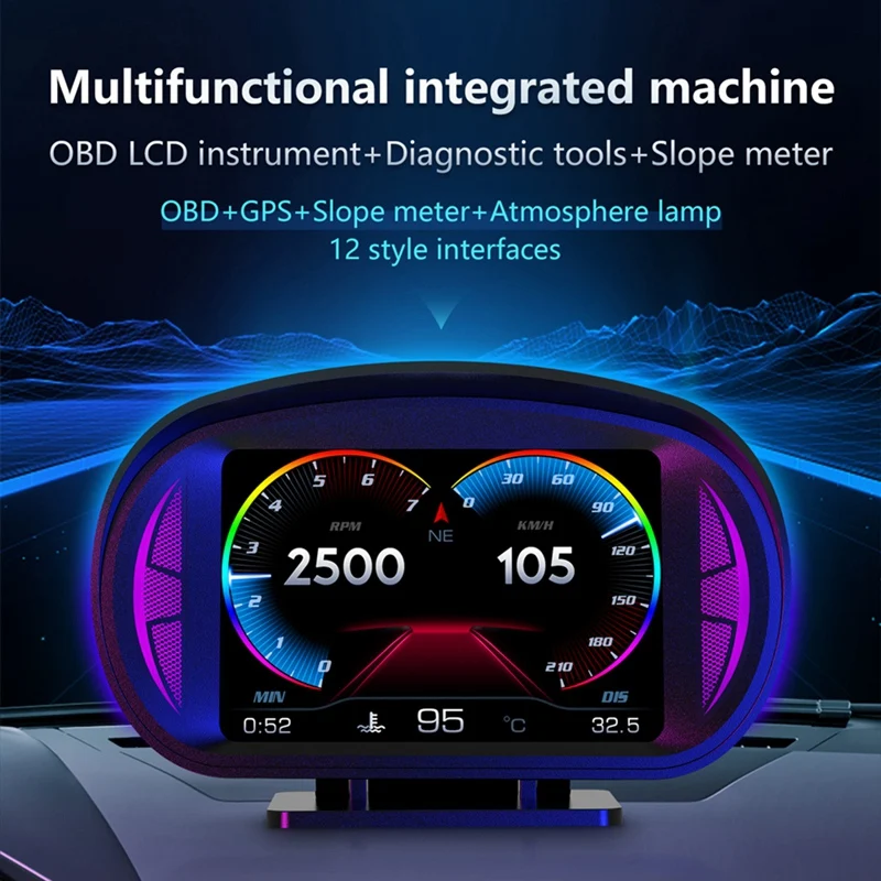 P2 Car HUD Head-Up Display OBD GPS Vehicle Speed And Gradient Meter Water Temperature And Fuel Consumption Black