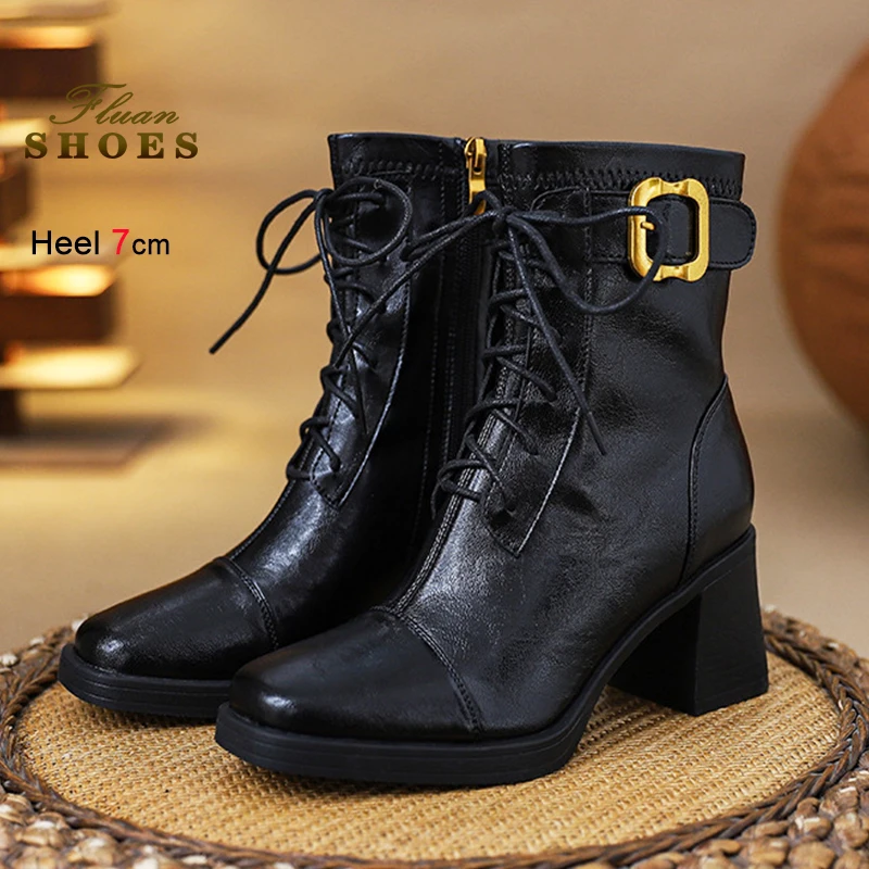 

Ankle Boots 7CM Winter Fashion Buckle Lace-up Boots For Women Chunky High Heels Spring Autumn Square Toe Outdoors Female Shoes