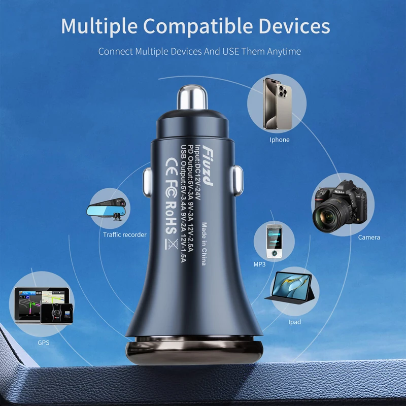 Metal Dual Port USB 36W Fast Car Charger Suitable For Different Models Of Mobile Phones