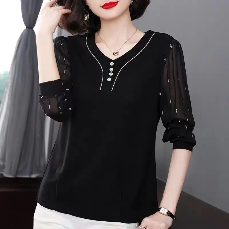 Mom's Spring Autumn Bottoming Shirt Women's New Round Collar Long Sleeved T-shirt Chiffon Spliced V-neck Top L-5XL