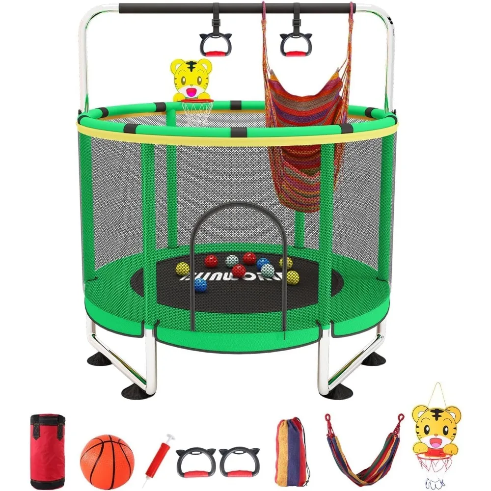 Adjustable Baby Toddler Trampoline with Basketball Hoop, 440lbs Indoor Outdoor Toddler Trampoline with Enclosure