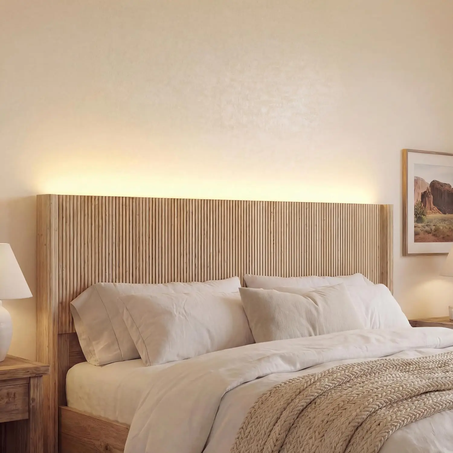 Queen Headboard Wall-Mounted Fluted Wood with Lighting Boho Bedroom Decor Natural, Customized