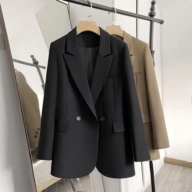 Women's Suit Jacket Spring Autumn Formal Work Clothes Office Clothing Solid Color Double Breasted Pocket Trim Coat Korean