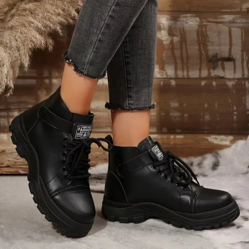 2025 New Winter Black & White Boots Women's Ankle Boots Lace-up Platform Sole Martin Women's Warm Anti-Slip Boots Velcro