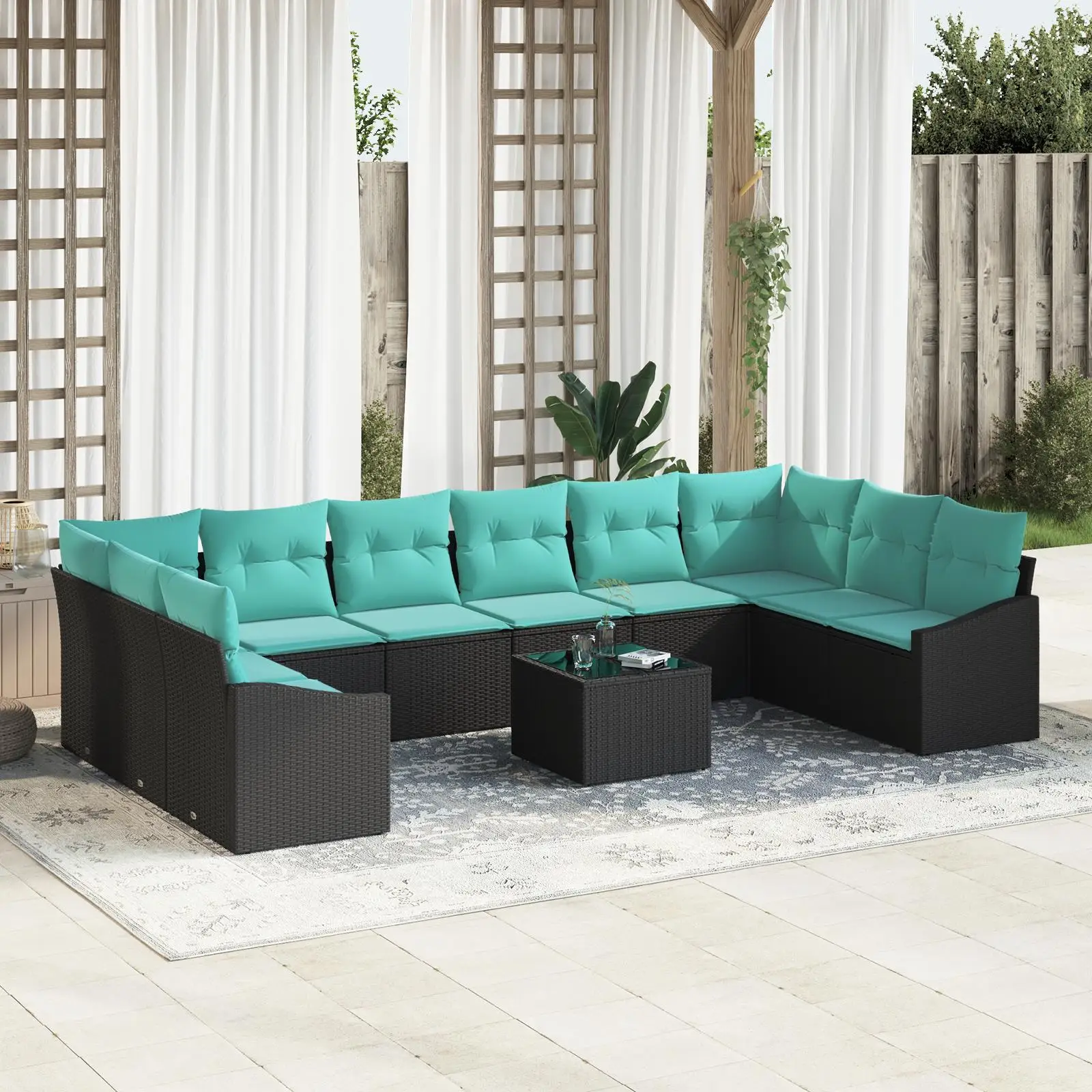 

11 Piece Outdoor Garden Sofa Set with Cushions Black Rattan Wicker Furniture Patio Lounge Seating