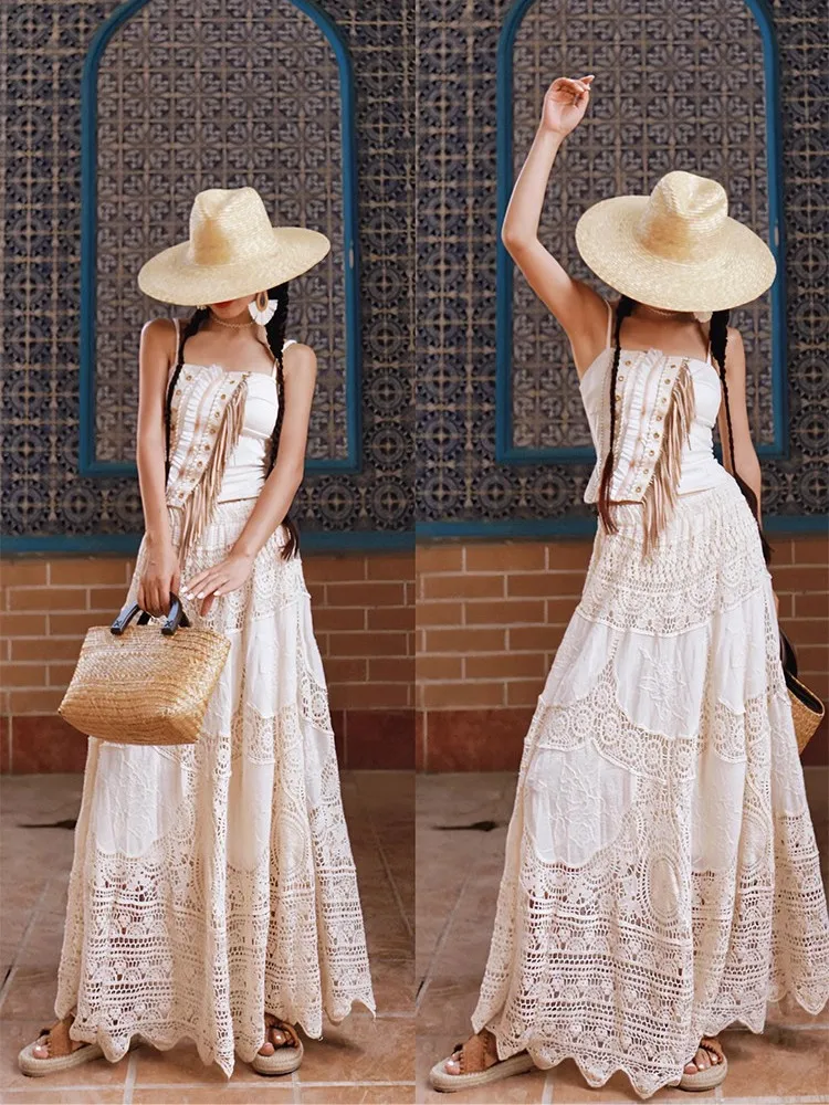 AIGYPTOS Summer Crochet Maxi Skirt Long Skirts For Women Bohemian Holiday Style Hook Flower Hollowed Out Knitted Lace Skirt