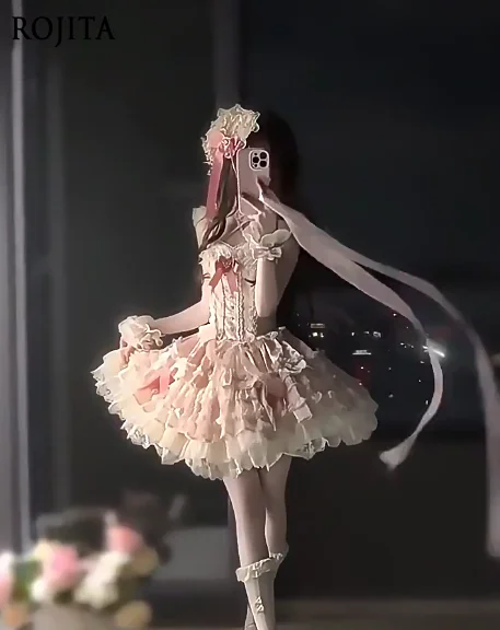 

Elegant Pink Floral Ballet Style Lolita Birthday Dress 2025 New Puffy Cake Princess Dress Flutter Sleeves High Waist Short Dress