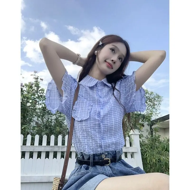 

Short Sleeve Shirts Womens Jacquard Patchwork Pintuck Loose Shirt Cottagecore French Artistic Preppy Student Youthful Girlish