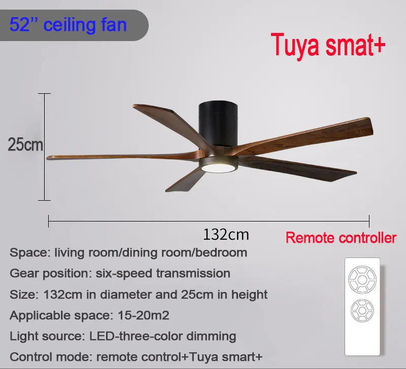 52 Inch 5 Plywood Blades Flush Mount Led Ceiling Light Fan With Remote Control 6 Gears Adjustable Wind Speed for Living Room