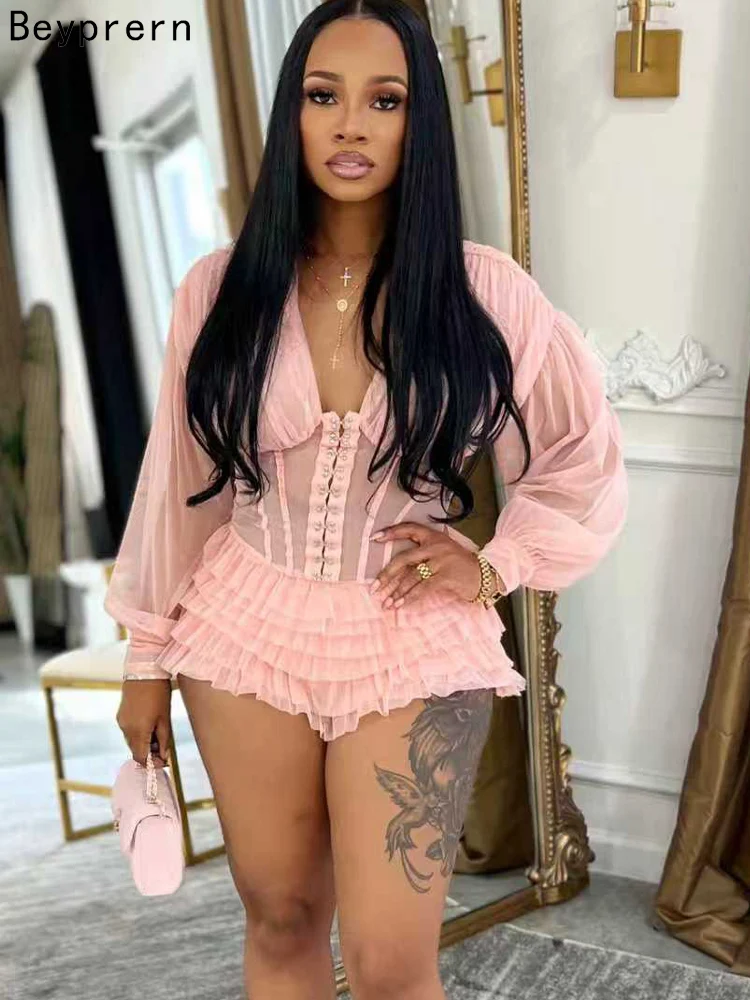 Beyprern Mono de corsé de malla negra sexy para mujer, estilo gótico con volantes, mono de manga larga transparente, atuendos para fiesta en discoteca